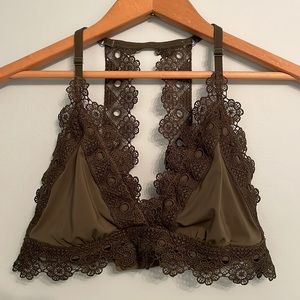 Aerie Bralette Olive Green Lace Halter With Double Lace Strips On Back Sz L